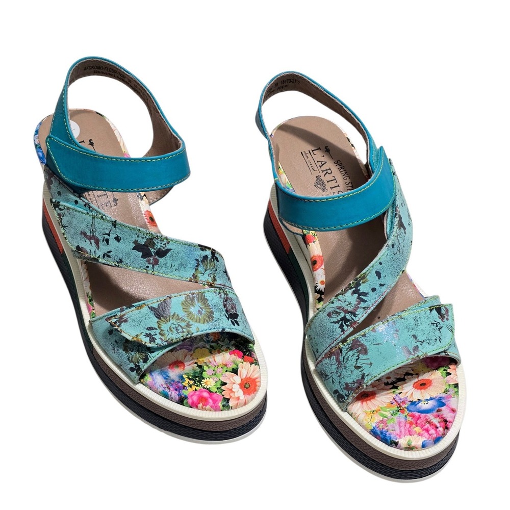 Spring Step L'Artiste Akokomo-Fleur Turquoise Floral Leather Platform Sandals 38